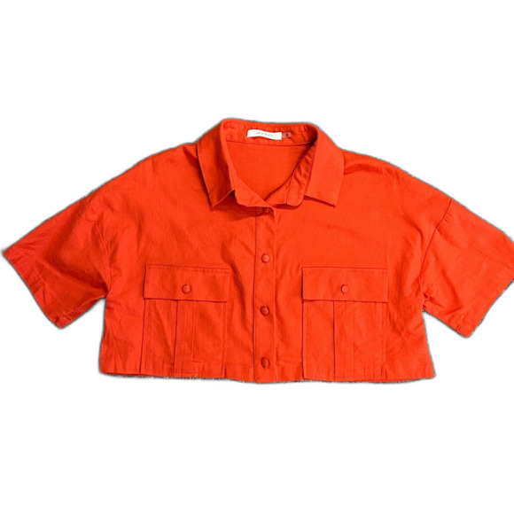 Idem Ditto NWOT Orange Linen Blend Cropped Button-Front SS Collared Shirt Size M - Picture 2 of 10